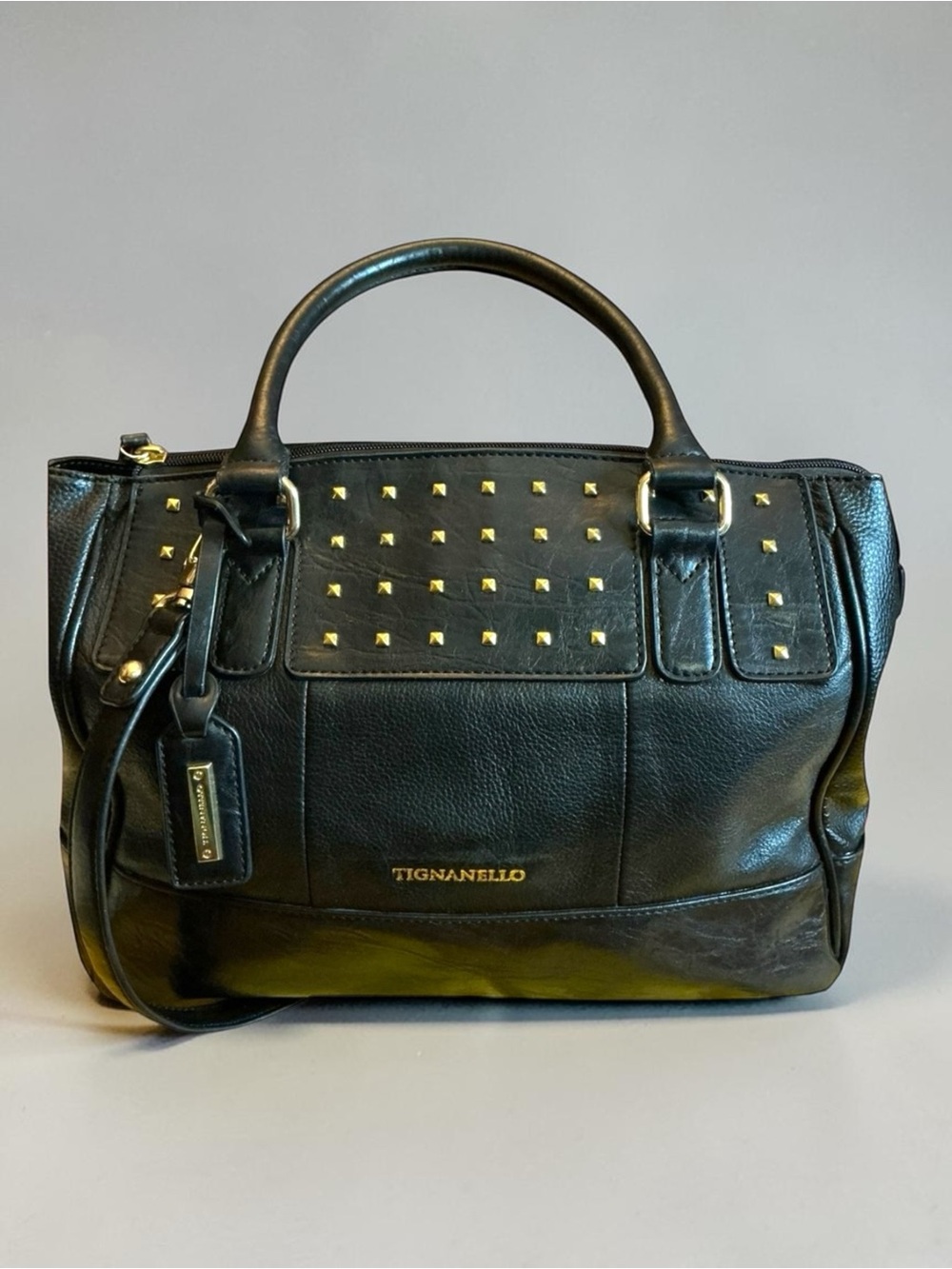 Tignanello Black Leather Studded Satchel Shoulder Bag Gold Hardware